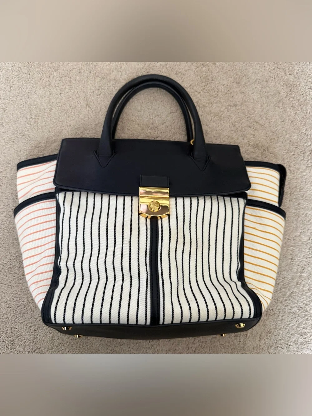 Veronica Beard Black and White Striped Satchel with Gold Lock